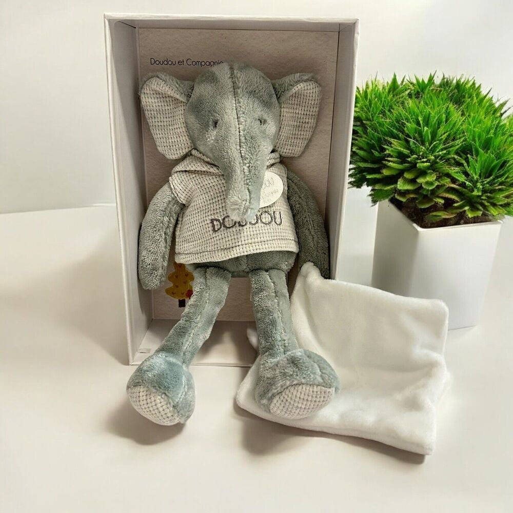 Doudou et Compagnie Paris Sweety Elephant Plush Lovey Blanket DC4188 Grey 10in
